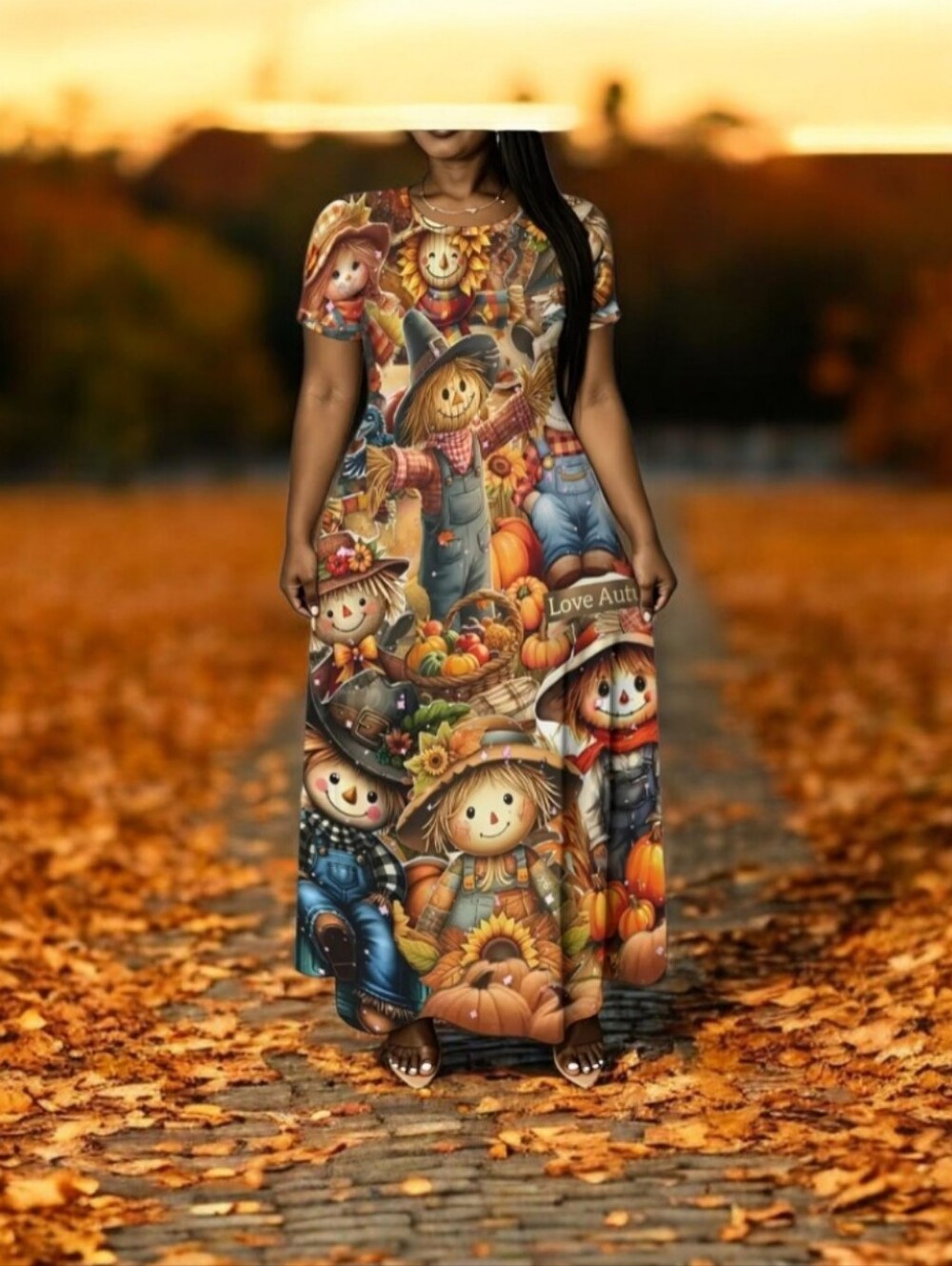 Autumn Scarecrow Print Maxi Dress - Multi
